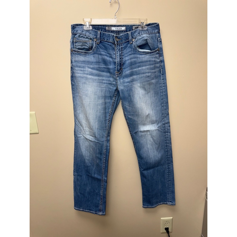 BKE Tyler Mens Straight Leg Jeans 33R Medium Wash Blue Denim Contrast Stitch